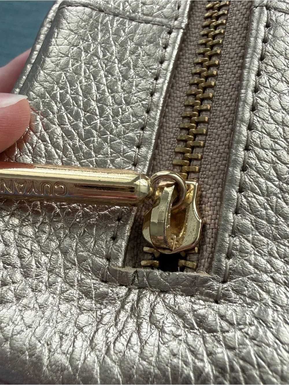 Cuyana Shimmer Metallic Pebbled Leather Tech Organizer Case Bag Monogram LMK